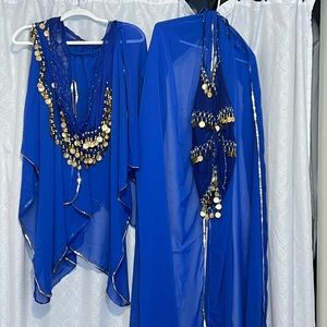 Belly Dance royal blue and gold top Bra, Skirt, & Hip Scarf Costume Set.
